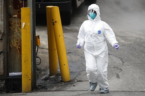 A medical worker wears personal protective equipment due to COVID-19 concerns at The Brooklyn Hospital Center, Thursday, April 9, 2020, in the Brooklyn borough of New York. (Photo | AP)