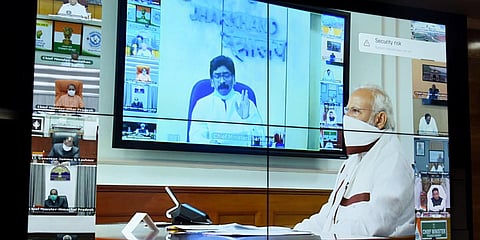 harkhand Chief Minister Hemant Soren in the video-conferencing of Prime Minister Narendra Modi with the Chief Ministers over COVID19, in Ranchi. (File photo| ANI)