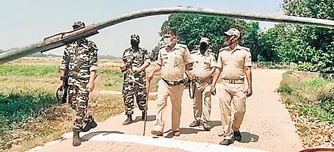 SSB jawans and police patrol a village in Bihar’s East Champaran district. | express