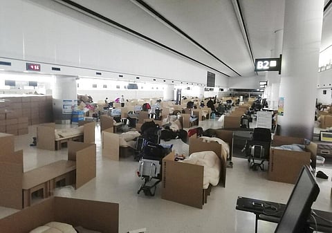 The scene at Narita airport, Japan, on April 8, 2020, where cardboard encampments are placed with social distancing to cater for people who have to wait for the results of a government coronavirus quarantine checks.