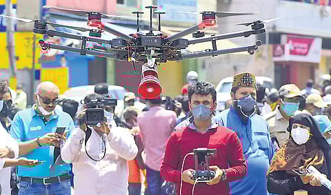 A drone deployed at Padarayanapura ward in Bengaluru, which has been sealed to prevent spread of COVID-19 | Pandarinath B