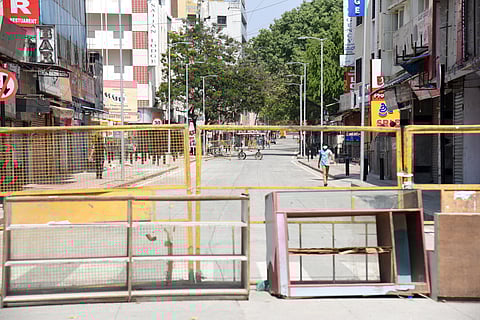 As the lockdown continues small streets and roads in Gandhi Nagar have been sealed in order to prevent vehicular movement in Bengaluru. (Photo | Nagaraja Gadekal P, EPS)