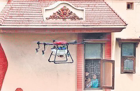 A drone being used for sanitisation in Vivek Vihar during the nationwide lockdown to control the spread of coronavirus in New Delhi on Tuesday | Anil Shakya