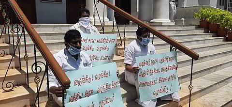 AIADMK MLAs protesting in Puducherry Legislative Assembly premises. (Photo | EPS)
