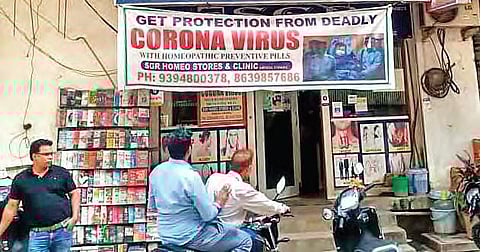 A medical store in Habsiguda in Hyderabad advertises homeopathy medicine to prevent Coronavirus | Sathya Keerthi
