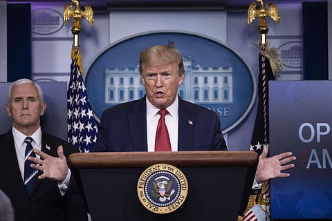 President Donald Trump speaks about the coronavirus, accompanied by Vice President Mike Pence, in the James Brady Press Briefing Room of the White House, Thursday, April 16, 2020, in Washington. (Photo | AP)