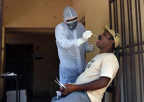 A swab sample collection center at Sahid Nagar Primary School in Bhubaneswar. (Photo | Biswanath Swain, EPS)
