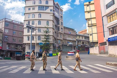 Police in Mizoram capital Aizawl patrol roads which are deserted due to coronavirus lockdown. (Photo | Express)