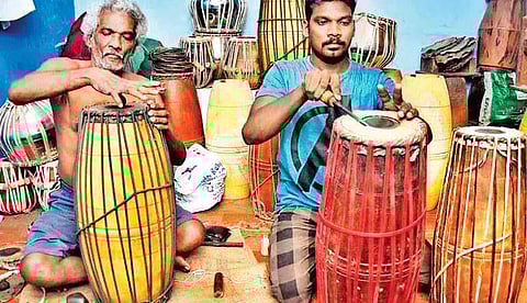 A family of mrdangam makers near Mundakanni Amman temple in Mylapore, Tamil Nadu