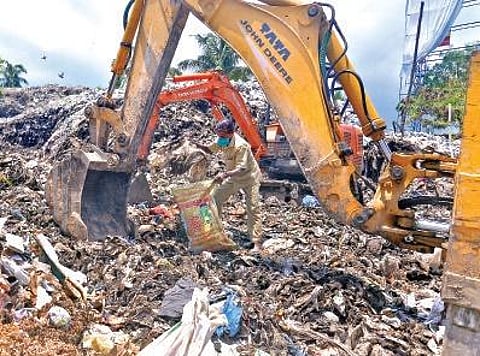 Sanitation workers engaged in segregating wet and dry waste at the aerobic bin facility at Attakulangara ,Vincent Pulickal