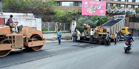 CRMP works near GVK Mall during COVID-19 lockdown in Hyderabad on Sunday. (Photo| RVK Rao, EPS)