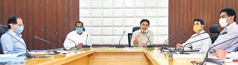 MAUD Minister KT Rama Rao with Labour and Employment Minister Ch Malla Reddy during a meeting with officials on Monday