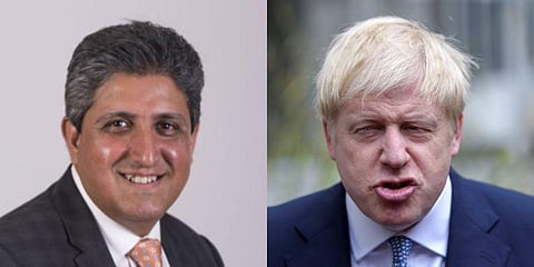 Indian-origin doctor Minesh Khashu (L) and UK PM Boris Johnson (Photo | Twitter and AP)