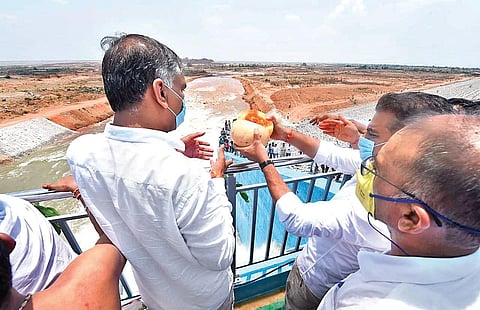 IT Minister KT Rama Rao and Finance Minister T Harish Rao inaugurating Ranganayaka Sagar Project in Siddipet on Friday