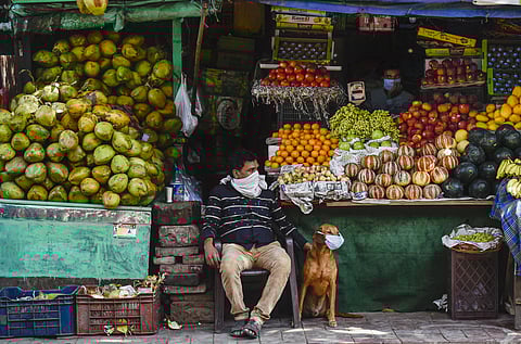 A vendor selling fruits waits for customers during the nationwide lockdown to curb the spread of coronavirus at Paharganj in New Delhi Saturday April 25 2020. (Photo | PTI)