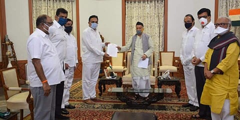 MVA leaders meet Maharashtra governor BS Koshyari to discuss and request him to consider the nomination of CM Uddhav Thackeray in the state's Legislative Council. (Photo| Twitter/ @Jayant_R_Patil)