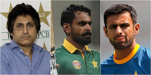 (From left) Pakistani cricket commentator Ramiz Raja, all-rounder Mohammad Hafeez and batsman Shoaib Malik. (File photos| AP and AFP)
