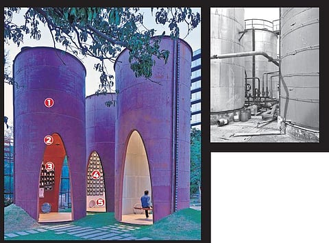 (Above) Silos after the transformation (Right) The metal silos that previously served as storage units