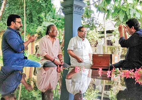 Actor Ranji Panicker, lyricist Sreekumaran Thampi, Arjunan Master and director Jayaraj during music composing for Bhayanakam. (Photo courtesy. Jayaraj)