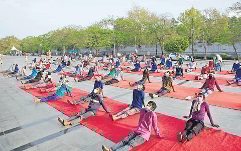The night shelter dwellers perform yoga at Yamuna Sports Complex | Anil Shakya