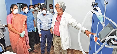 Mekathoti Sucharitha at Fever Hospital in Guntur district on Wednesday | Express