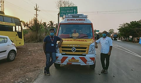 108 ambulance pilot Harshith Kumar and nurse Justine at Thalappady. The vehicle ferries patients to Mangaluru