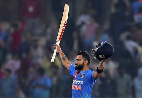 India's Virat Kohli celebrates after win the first T20 match against West Indies at Rajiv Gandhi International Stadium in Hyderabad. (Photo | AP)