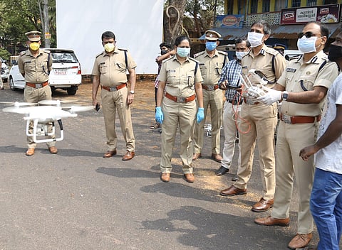 Kasaragod Police test a drone for surveillance of movement during lockdown. (Photo | Twitter)