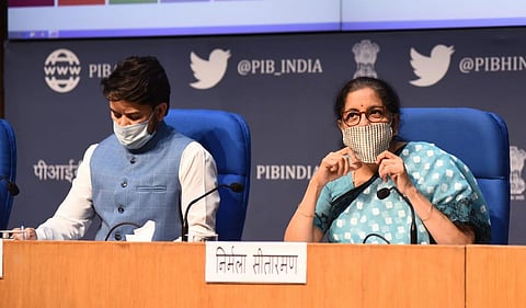 Union Finance Minister Nirmala Sitharaman with MoS Anurag Thakur addressing Press Conference in New Delhi. (Photo | Parveen Negi, EPS)
