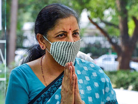 Union Finance Minister Nirmala Sitharaman wearing a home-made protective mask arrives to resume office in New Delhi Wednesday April 13 2020. (Photo | PTI)