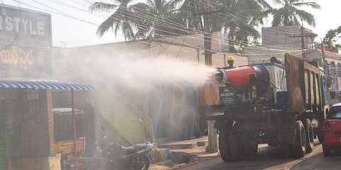 Disinfectant being sprayed at RR Venkatapuram. (Photo | EPS)