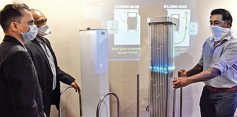 The automated disinfectant robot, which uses UV light rays to kill the DNA and RNA of Coronaviruses, being launched in Hyderabad on Friday (Photo | S Senbagapandiyan, EPS)