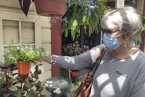Martha Schebaum shops for flowers at the Apple Barrel Country Store and Cafe in Schoharie, N.Y., Friday, May 15, 2020. The Apple Barrel geared up its nursery business as New York allowed selected businesses to re-open in some parts of the state just hours
