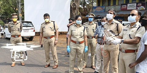 Kasaragod Police test a drone for surveillance of movement during lockdown. (Photo | Twitter)