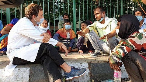 Congress leader Rahul Gandhi meets migrant workers in Delhi. (Photo| ANI)