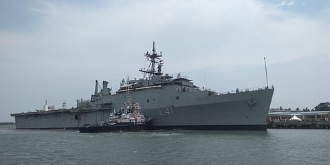 INS Jalashwa at Kochi harbour with Indian nationals from the Maldives. (Photo| Twitter)