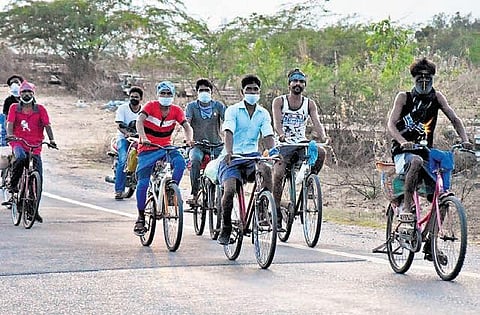 Jharkhand natives leave for their home state on bicycles, from Tirupati on Saturday I Madhav K