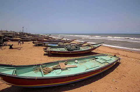 Fishing boats anchored at the Puri beach after authorities warned fishermen not to venture into the sea in the view of Cyclone Amphan at Konark in Puri district. (File Photo | PTI)