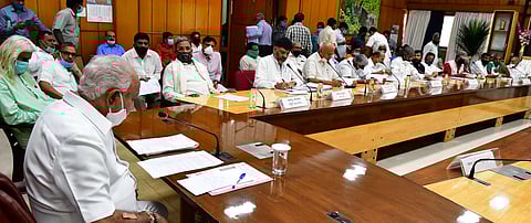 Chief Minister of Karnataka BS Yediyurappa interacts with leaders of Opposition and all party meeting on COVID 19 preparedness ,during the nationwide lockdown in the wake of novel coronavirus (COVID 19) pandemic, in Bengaluru. (Photo | Express)