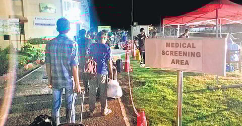 People deported from Bahrain and brought to Kochi undergoing medical screening at the School for Naval Airmen at Kochi Naval Base on Sunday