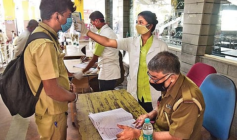 Drivers and conductors being screened at Kengeri bus station, a day before BMTC resumes service in Bengaluru | Vinod Kumar T