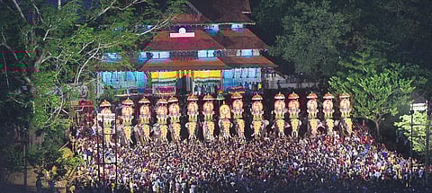 Parasols featuring Lord Ayyappan displayed by the Thiruvambady side in the Kudamattom ceremony of the Thrissur Pooram. (File Photo | Albin Mathew, EPS)