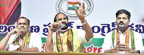 Congress leaders Komatireddy Venkat Reddy, Uttam Kumar Reddy and Revanth Reddy at a press meet.