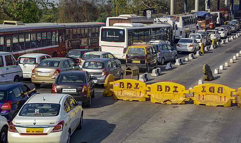Vehicles wait in various lanes at the Vashi Toll Plaza during ongoing COVID-19 lockdown in Navi Mumbai Monday April 20 2020. (Photo | PTI)