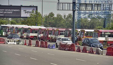 UP Roadways buses parked at DND toll plaza to carry migrants to their native places, during the ongoing nationwide COVID-19 lockdown, in Noida. (Photo | PTI)