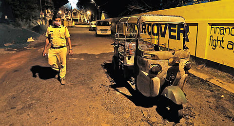 The gutted autorickshaw after the driver immolated himself on Karshaka Road at Pachalam | Arun Angela