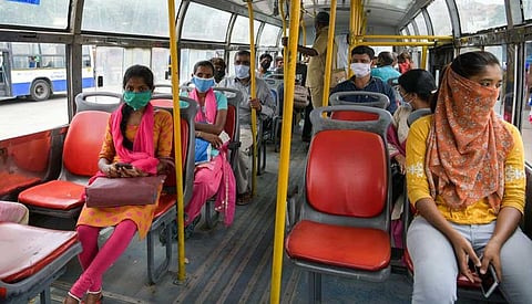 Only 25 passengers were allowed in BMTC buses and 30 in KSRTC buses from Bengaluru on Wednesday. (Photo | Meghana Sastry)
