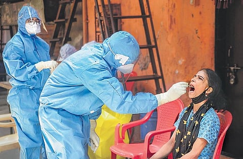 A healthcare worker collects swab sample of a Shahid Bhagat Singh Nagar resident for Covid-19 test, at Dharavi slum area in Mumbai on Wednesday | Pti