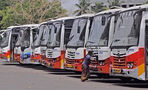 RTC buses at Pandit Nehru bus station in Vijayawada. (Photo | P Ravindra Babu, EPS)