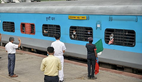The KSR Bengaluru-Belagavi Express being flagged off from Platform 8 of the KSR railway station on Friday morning (Photo | Meghana Sastry)